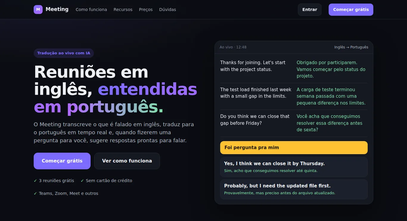 Página inicial do Meeting: à esquerda, o título Reuniões em inglês, entendidas em português; à direita, frases em inglês com a tradução ao lado e sugestões de resposta.