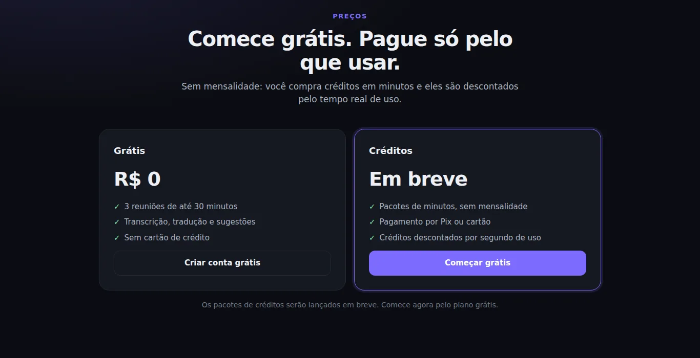 Tela de preços do Meeting: plano grátis com 3 reuniões de até 30 minutos e créditos em minutos, em breve.